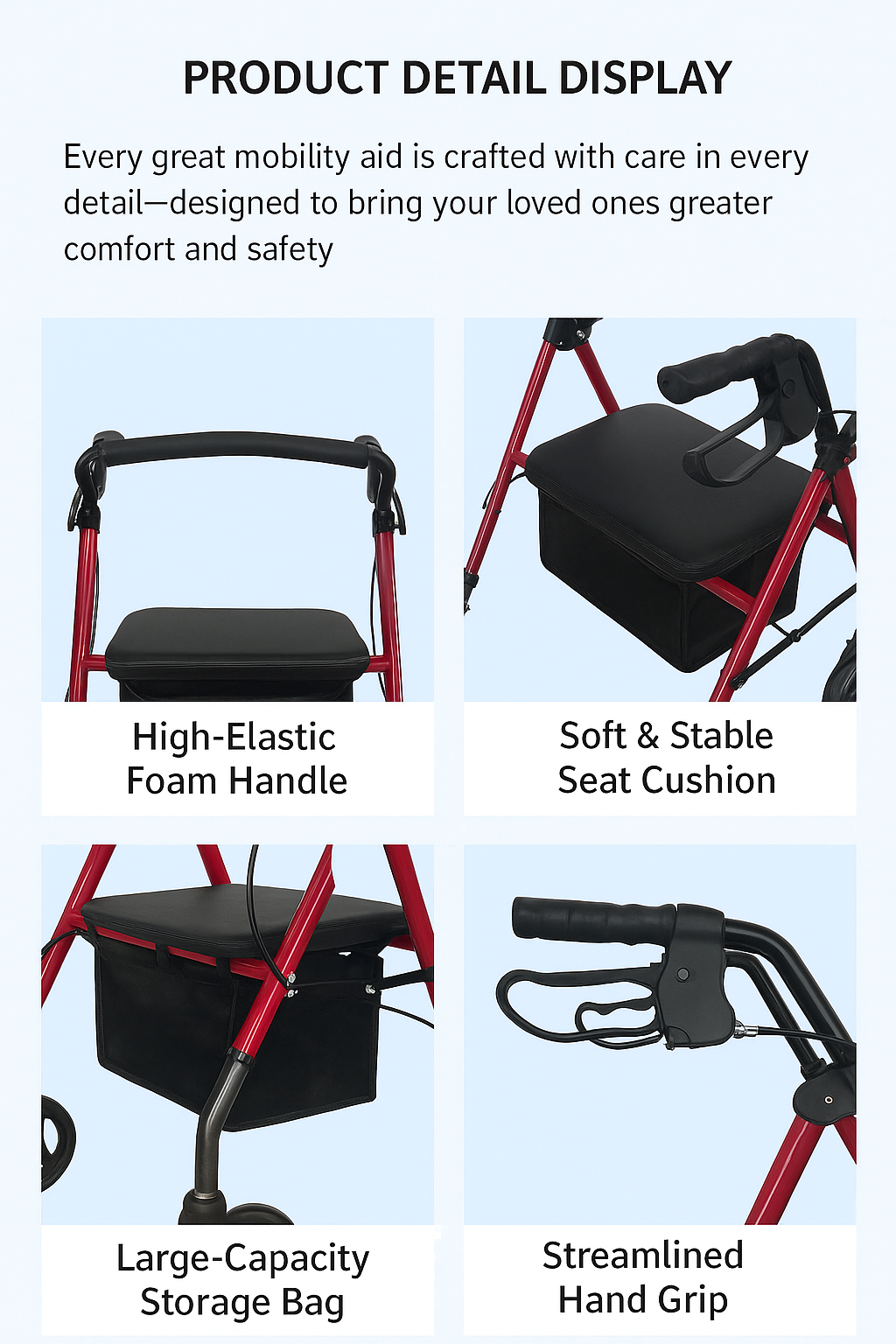 Heavy Duty Lightweight Folding Rollator Walker with Seat & Storage Bag